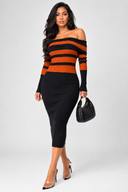 Robyn Stripe Ribbed Off Shoulder Midi Dress - Black