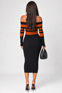 Robyn Stripe Ribbed Off Shoulder Midi Dress - Black