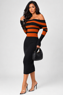 Robyn Stripe Ribbed Off Shoulder Midi Dress - Black
