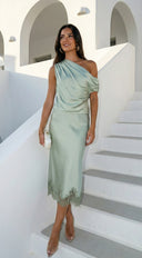 Alessara Satin Lace Off Shoulder Set - Sage Green