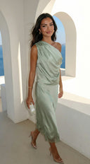 Alessara Satin Lace Off Shoulder Set - Sage Green