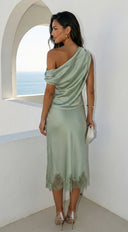 Alessara Satin Lace Off Shoulder Set - Sage Green