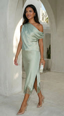 Alessara Satin Lace Off Shoulder Set - Sage Green