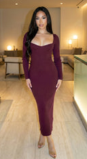 Noirelle Ribbed Midi Dress - Burgundy Red