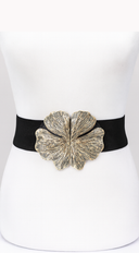 Fia Flower Gold Metal Buckle Elastic Belt in Black front view product shot