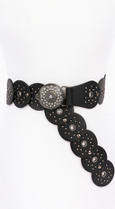 Vanna Silver Disc Faux Leather Boho Western Waist Belt in Black side profile view