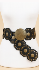 Antique Luxe Gold Disc Faux Leather Boho Western Waist Belt in Black side profile view