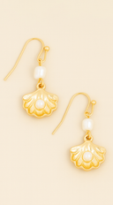 Clam & Pearl Dangle Hook Earrings in Gold styled on model