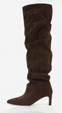 Sovana Suede Ruched Boots in Brown close-up of heel and sole detail