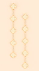 Emy Jeweled Clover Charm Drop Earrings in Ivory close-up detail shot