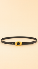 Maya Metal Buckle Faux Leather Belt in Black front view product shot