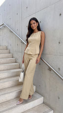 Avelora Pinstripe Tailored Set in Beige styled look from behind
