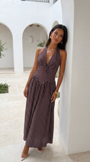 Calypra Polka Dot Halter Maxi Dress - Brown