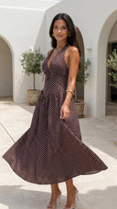 Calypra Polka Dot Halter Maxi Dress - Brown