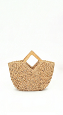 Sandra Faux Straw Wood Handle Tote Bag - Beige