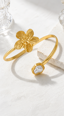 Opulent Flower Pearl Arm Cuff Bracelet - Gold