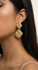 Gold Plated Striped Square Drop Earrings -  Gold