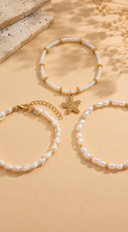 Shoreline Starfish Charm 3 Piece Anklet Set - White