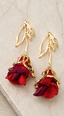 Fleur Leaf Fabric Rose Drop Earrings - Red