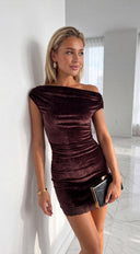 Nivara Velvet Lace Trim Mini Dress - Brown