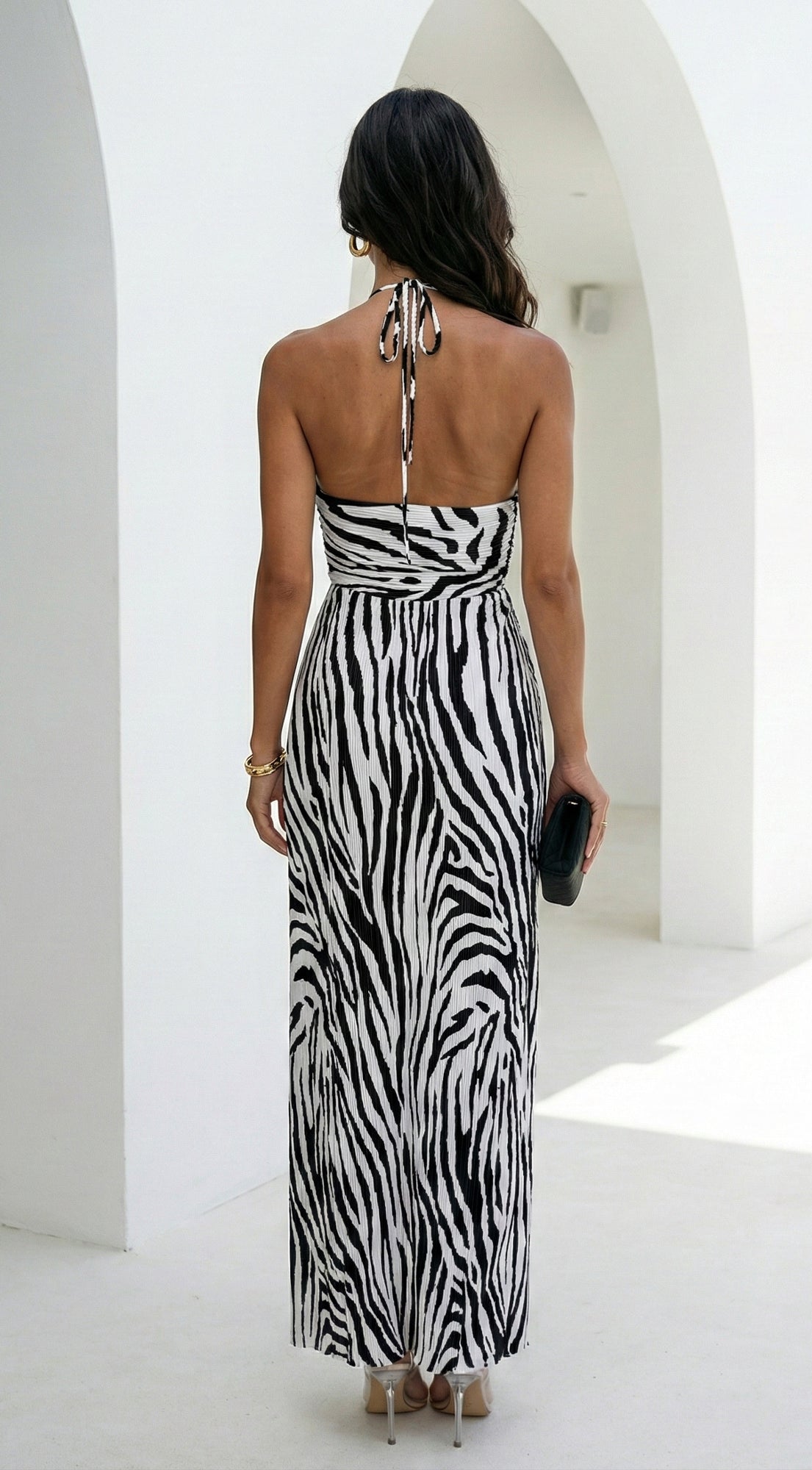 Noemiya Zebra Pleated Halter Maxi Dress - White