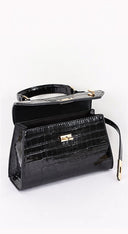 Vienna Faux Croc Top Handle Crossbody Bag - Black