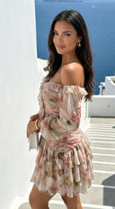Sorrento Garden Floral Off Shoulder Ruffle Mini Dress - Beige Multi