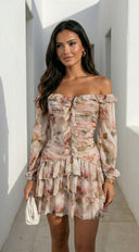 Sorrento Garden Floral Off Shoulder Ruffle Mini Dress - Beige Multi