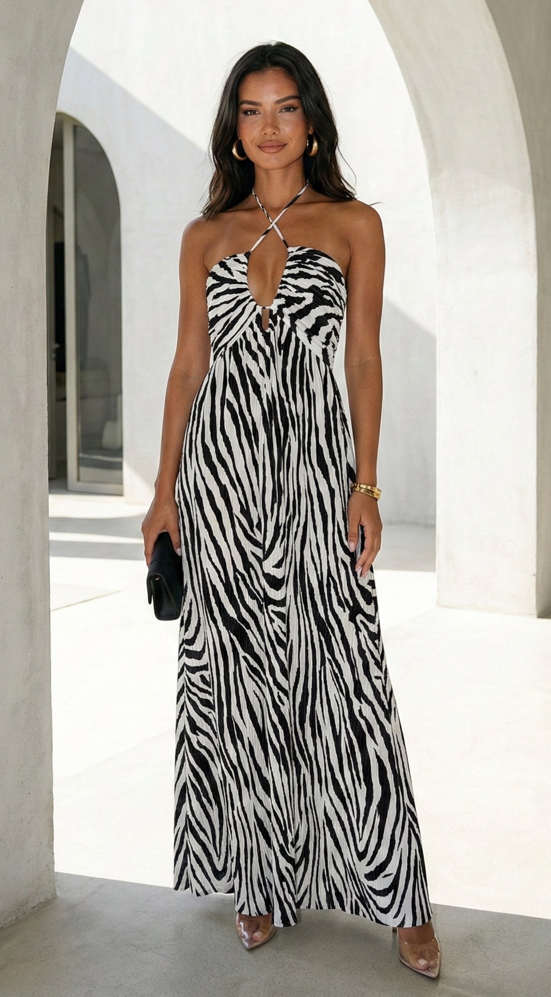 Noemiya Zebra Pleated Halter Maxi Dress - White
