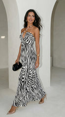 Noemiya Zebra Pleated Halter Maxi Dress - White