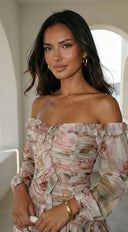 Sorrento Garden Floral Off Shoulder Ruffle Mini Dress - Beige Multi
