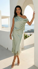 Alessara Satin Lace Off Shoulder Set - Sage Green