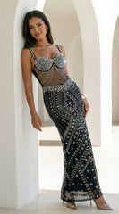 Valerisse Contrast Rhinestone Maxi Dress - Black