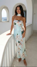 Elysira Reverse Halter Floral Satin Maxi Dress - Mint Blue