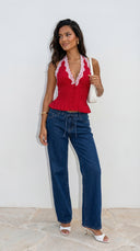 Ventura Drawstring Wide Leg Denim Pants - Blue