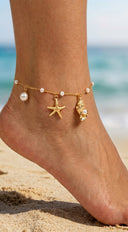 Ocean Starfish Shell Charm Beach Anklet - Gold