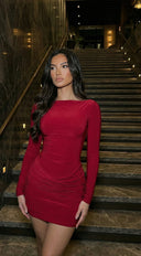 Maribel Ruched Mini Dress in Red close-up of neckline and shoulder detail