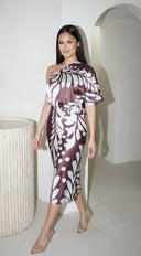 Rhodes One Shoulder Satin Midi Dress - Brown Blue