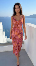 Kaielle Cowl Neck Multi Color Maxi Dress - Orange Brown Multi