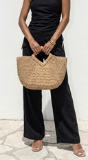 Sandra Faux Straw Wood Handle Tote Bag - Beige