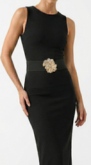 Cece Metal Flower Elastic Belt in Black front view product shot