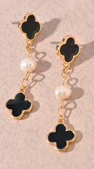 Mya Clover & Fresh Water Pearl Chain Earrings - Black