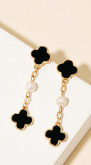 Mya Clover & Fresh Water Pearl Chain Earrings - Black