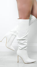Valeria Faux Leather Ruched Knee High Boots - White