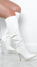 Valeria Faux Leather Ruched Knee High Boots - White