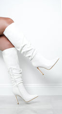 Valeria Faux Leather Ruched Knee High Boots - White
