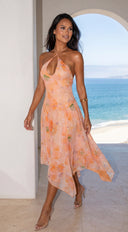 Esperalia Floral Halter Asymmetric Midi Dress - Orange Multi