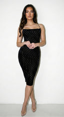 Rivelle Burnout Stripe Suede Cowl Neck Midi Dress - Black