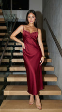 Civelle Satin Maxi Dress – Burgundy Red hemline and silhouette detail