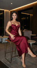 Civelle Satin Maxi Dress – Burgundy Red styled outfit flat lay